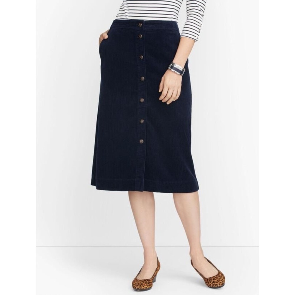 TALBOTS Navy Corduroy Button Front A-Line Midi Skirt Size 4